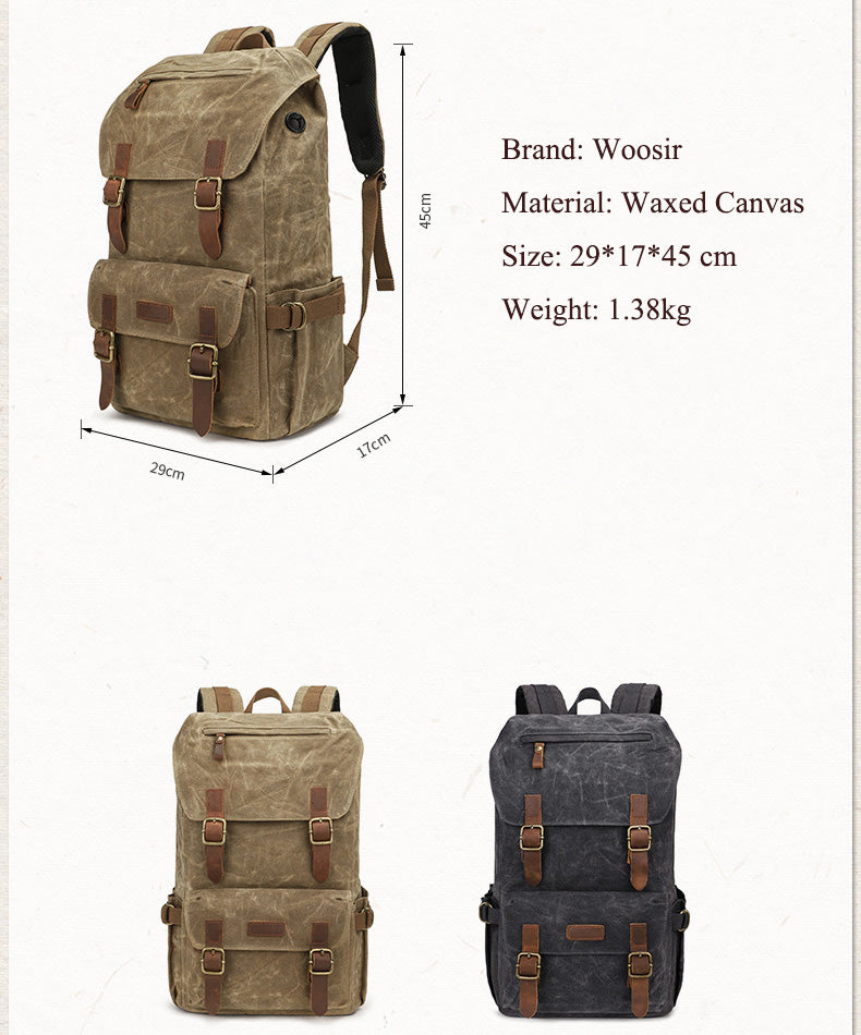 SIZE AND WEIGHT of Woosir Waxed Canvas Weekend Travel Backpack