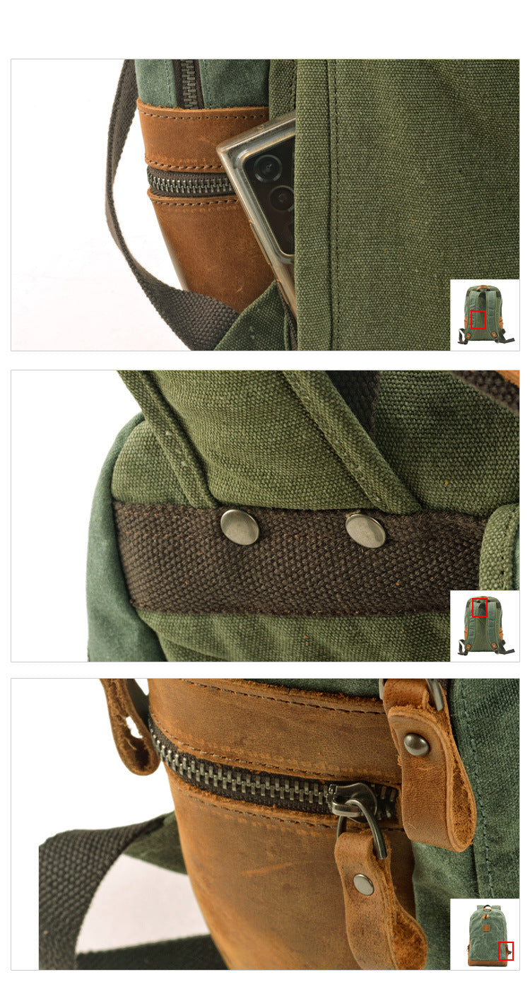 DETAIL ZEIGT REISSVERSCHLUSS von Woosir Vintage Leder-Rucksack aus gewachstem Canvas