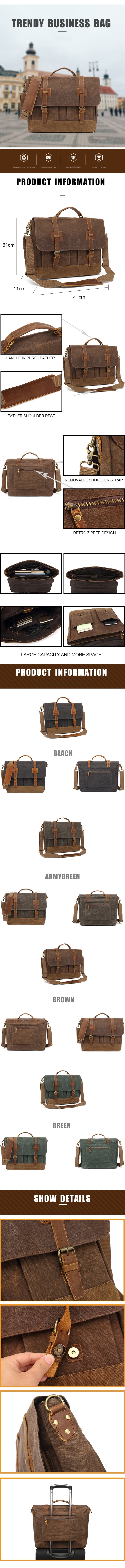 PRODUCT DISPLAY AND DETAIL of Woosir Canvas Business Briefcase