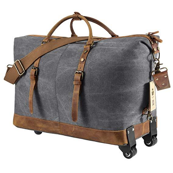 Luggage Rolling Duffel Bag Leather Trim Canvas Wheeled Travel Bag 50L-woosir