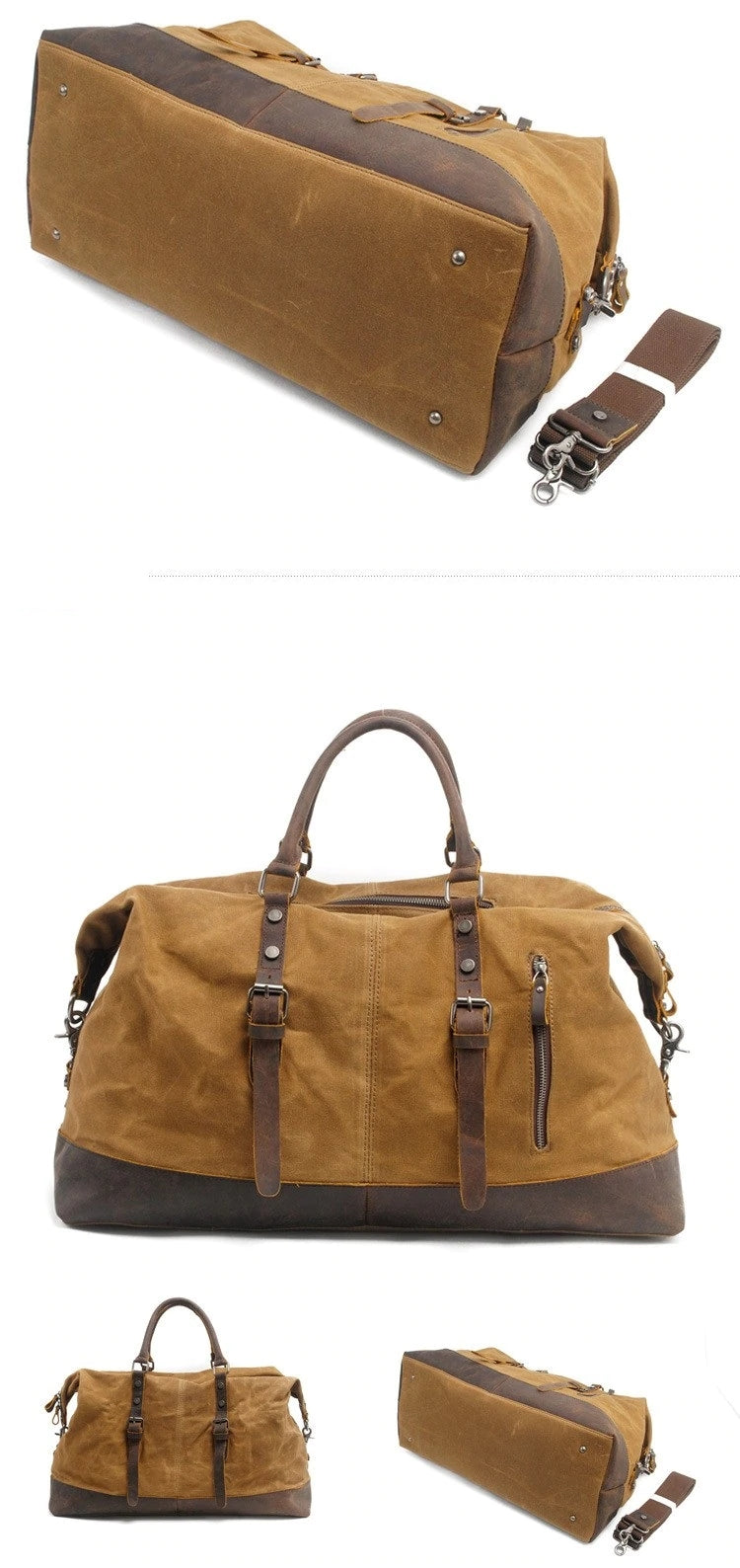 FARBANZEIGE KHAKI von Woosir Weekender-Tasche aus gewachstem Canvas-Leder, wasserdichte Reisetasche