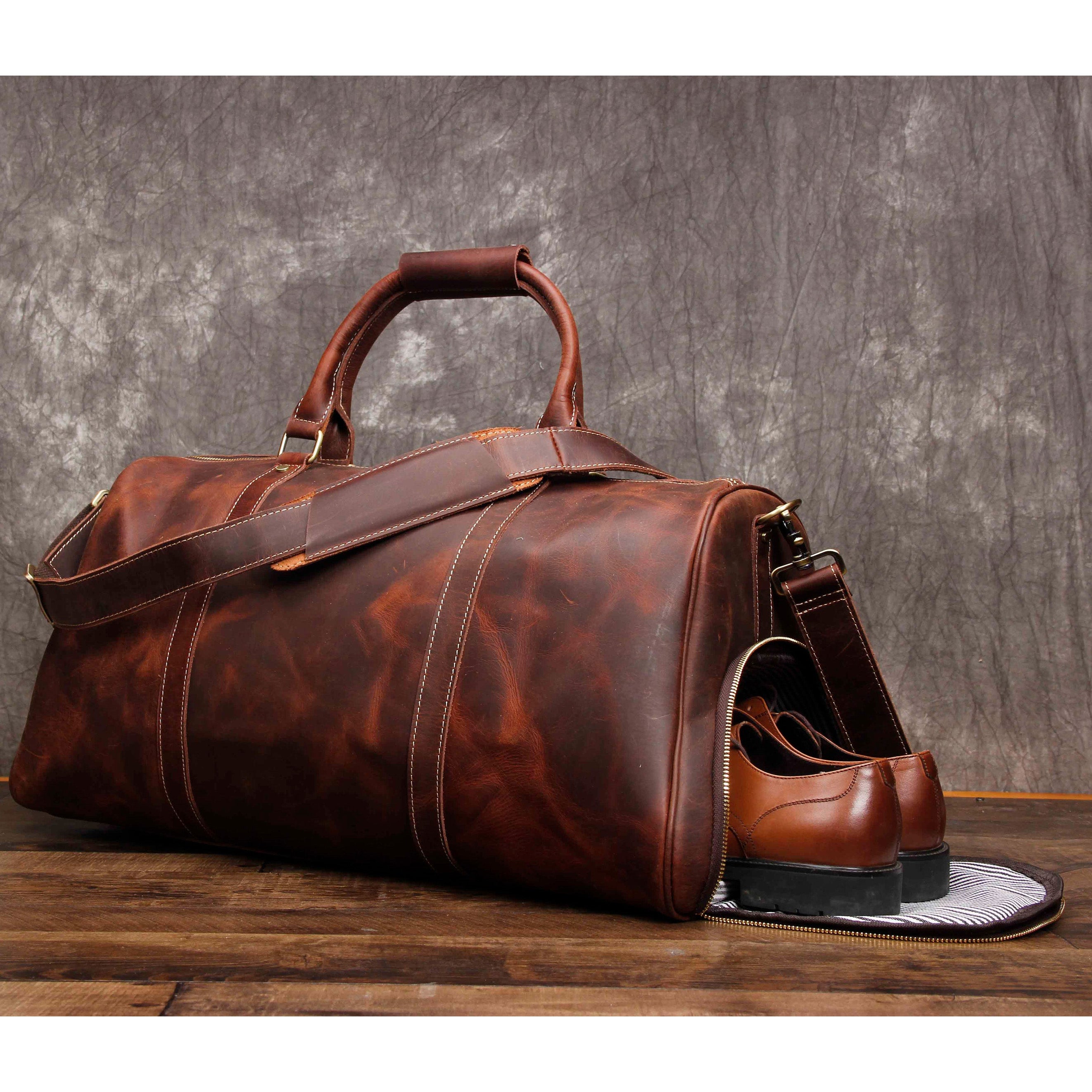 Leather Weekender Travel Bag with Shoe Compartment