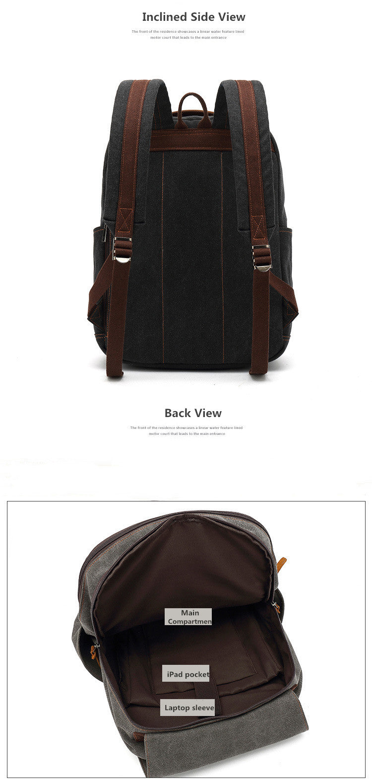 Woosir Schwarzer modischer Canvas-Rucksack mit großer Kapazität für Business und Outdoor-Reisen, verschiedene Ansichten