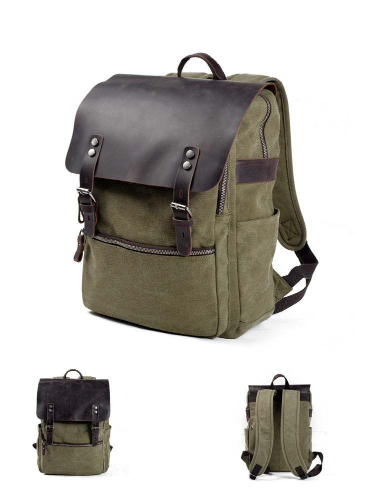 Woosir Army Green Leather Top Vintage Business College Sac à dos