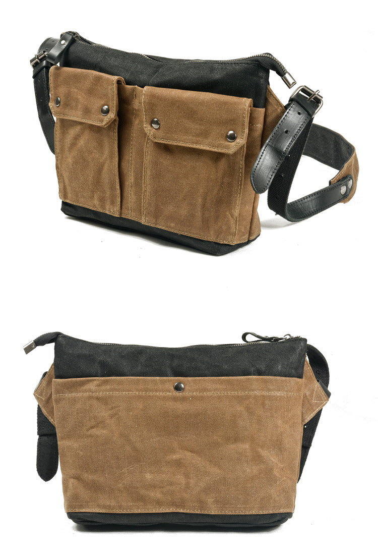 Woosir Vintage Multi-Pocket-Tasche aus geöltem, gewachstem Canvas. Details