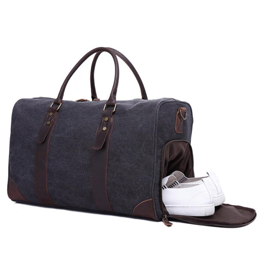 Canvas Duffel Leather Carry On Bag Weekend Overnight Tote-woosir