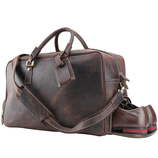 Leather Weekender Travel Bag with Shoe Compartment - Woosir