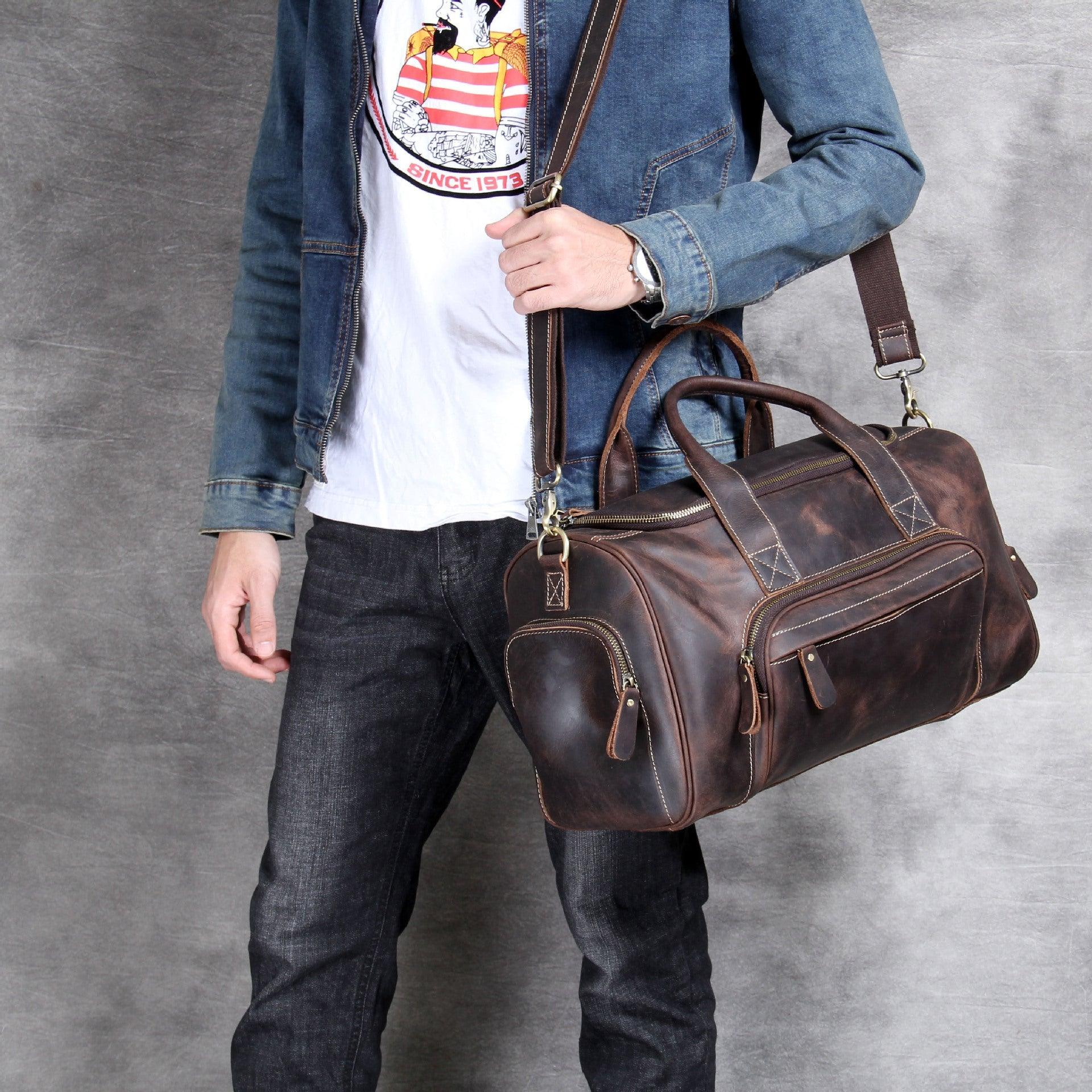 leather duffle bag with pockets