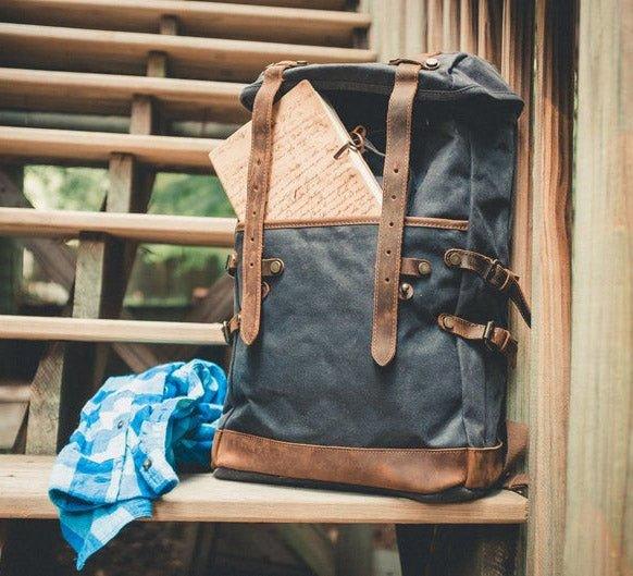 MODEL SHOW of Woosir Vintage Leather Waterproof Waxed Canvas Backpack
