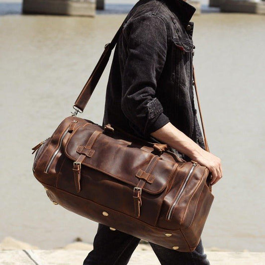 Crazy Horse Leather Men Duffle Bag Large Travel Bag With Shoes Compart –  ROCKCOWLEATHERSTUDIO