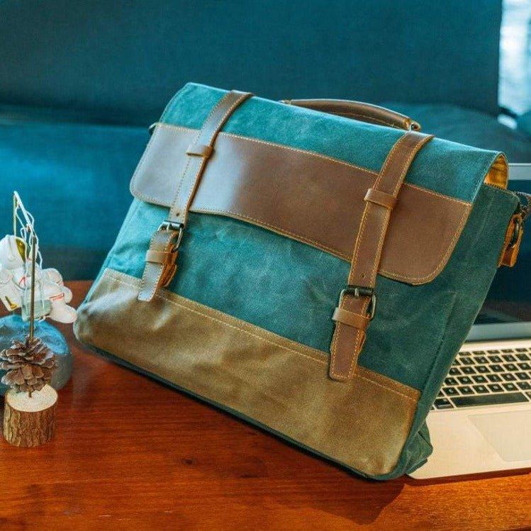 MODEL SHOW of Woosir Mens Messenger Bag Waterproof Canvas Leather Computer Laptop Bag