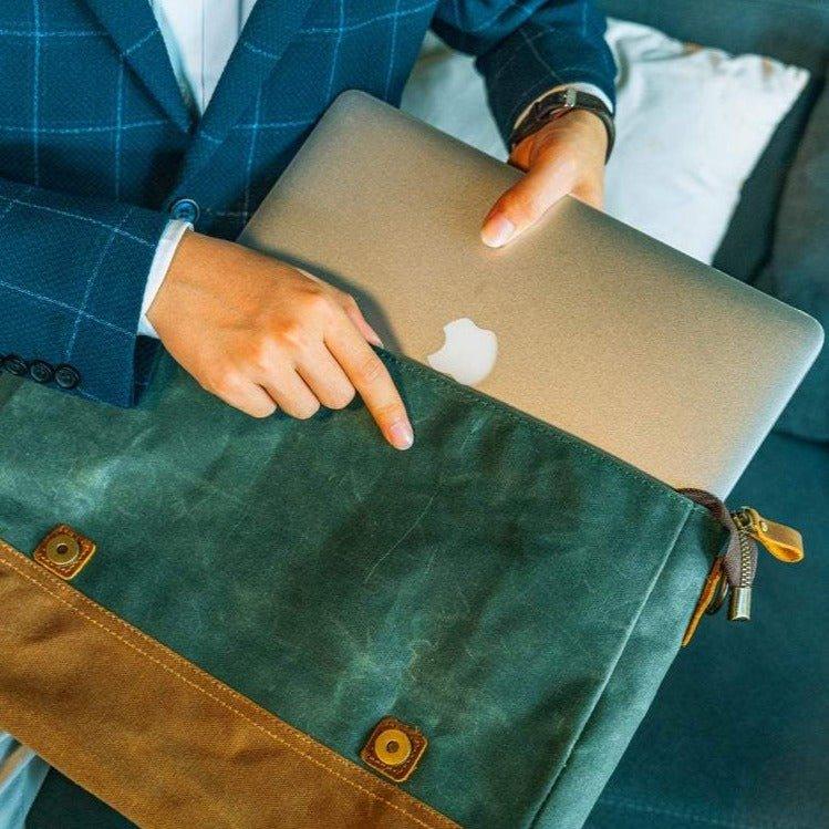 MODEL SHOW of Woosir Mens Messenger Bag Waterproof Canvas Leather Computer Laptop Bag