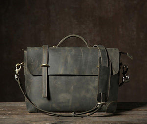 Woosir Mens Vintage Leather Messenger Bag for 14" Laptop - Briefcases - Army Green---Woosir