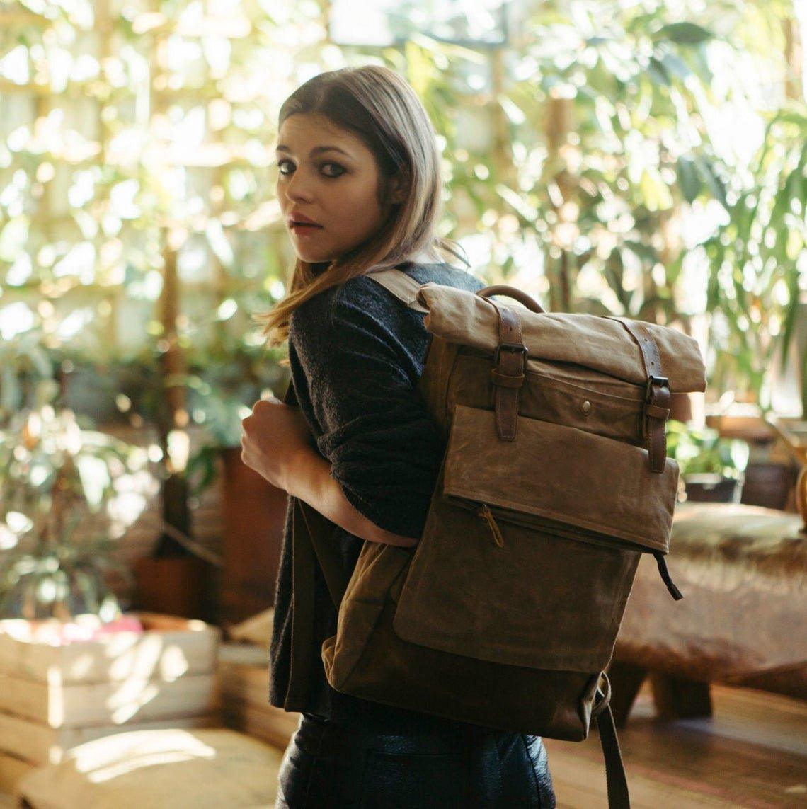 MODEL SHOW of Woosir Stylish Handmade Waxed Canvas Roll Top Backpack