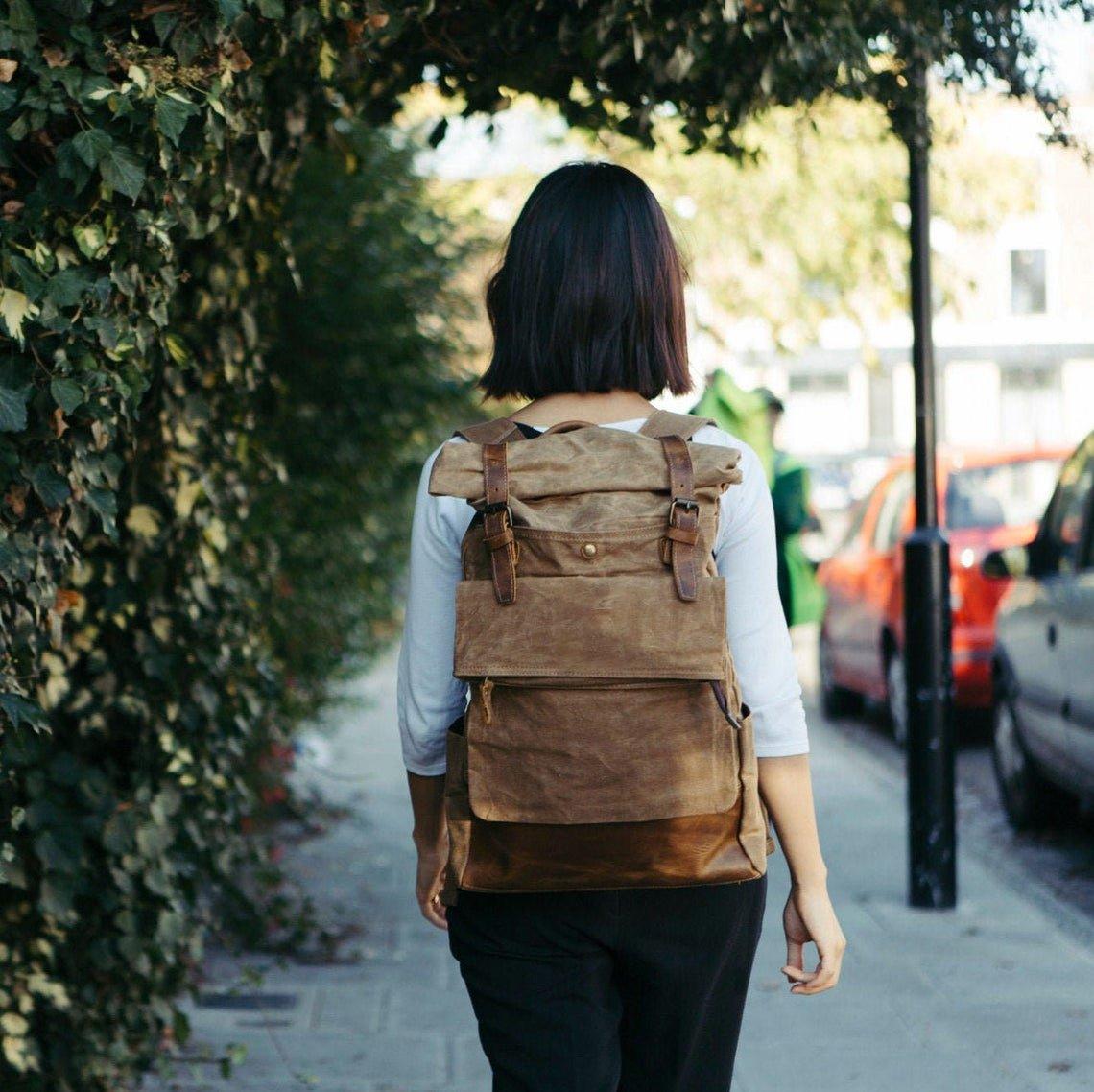 MODEL SHOW of Woosir Stylish Handmade Waxed Canvas Roll Top Backpack