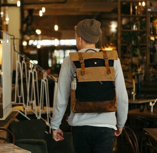 MODEL SHOW of Woosir Stylish Handmade Waxed Canvas Roll Top Backpack