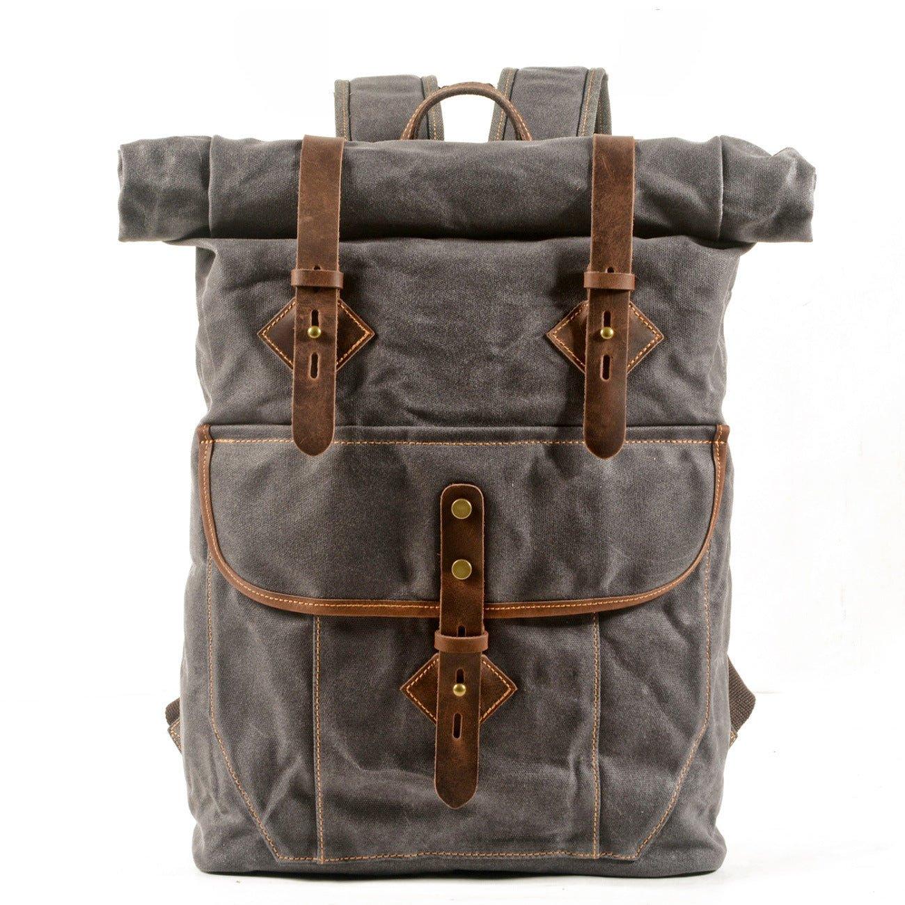 VORDERES DISPLAY GRAU des wasserdichten Canvas-Rolltop-Rucksacks von Woosir