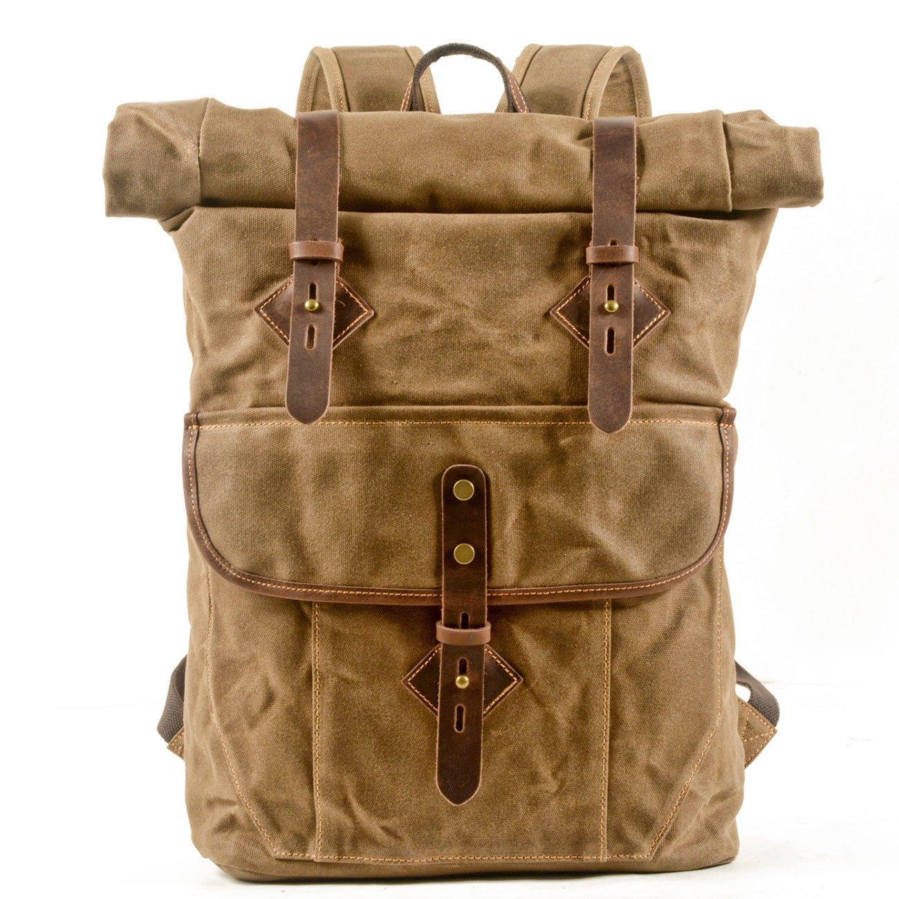 FRONT DISPLAY KHAKI of Woosir Waterproof Canvas Roll Top Backpack