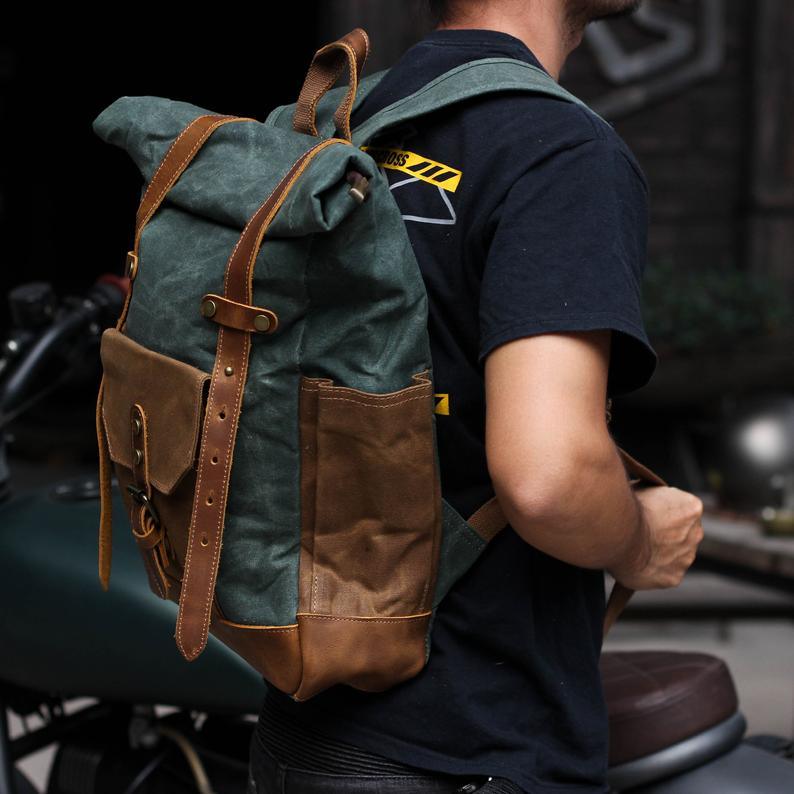 MODEL SHOW of Woosir Waterproof Waxed Canvas Leather College Weekend Backpack