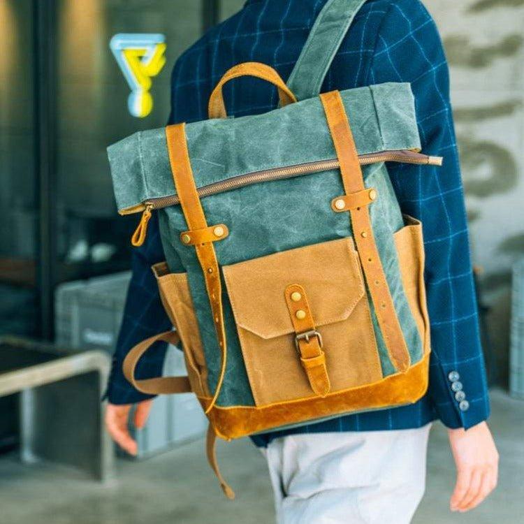 MODEL SHOW of Woosir Waterproof Waxed Canvas Leather Backpack