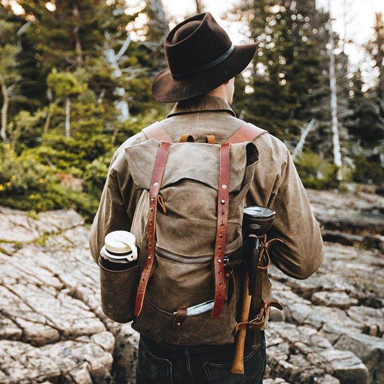 MODEL SHOW of Woosir Waxed Canvas Hiking Backpack