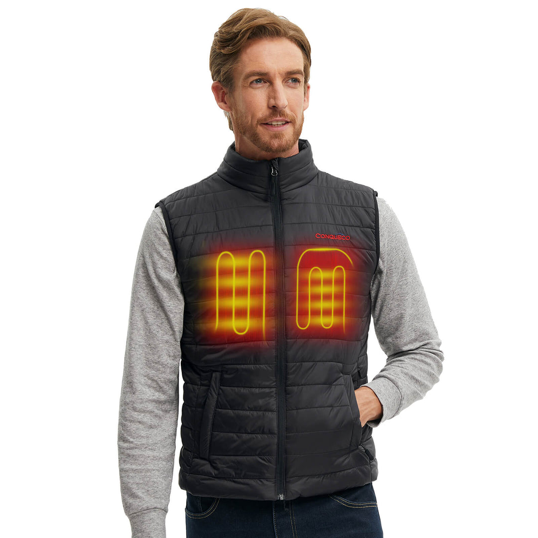 CONQUECO Polaire Gilet chauffant femme avec batterie incluse 5V 10000mAh,  veste chauffage usb, utilisée pour le ski, le camping, la pêche sur glace  et d'autres activités de plein air (Noir+Orange, S) 