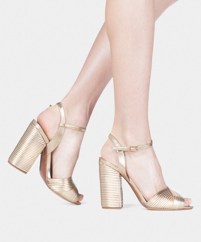 gold block sandal heels