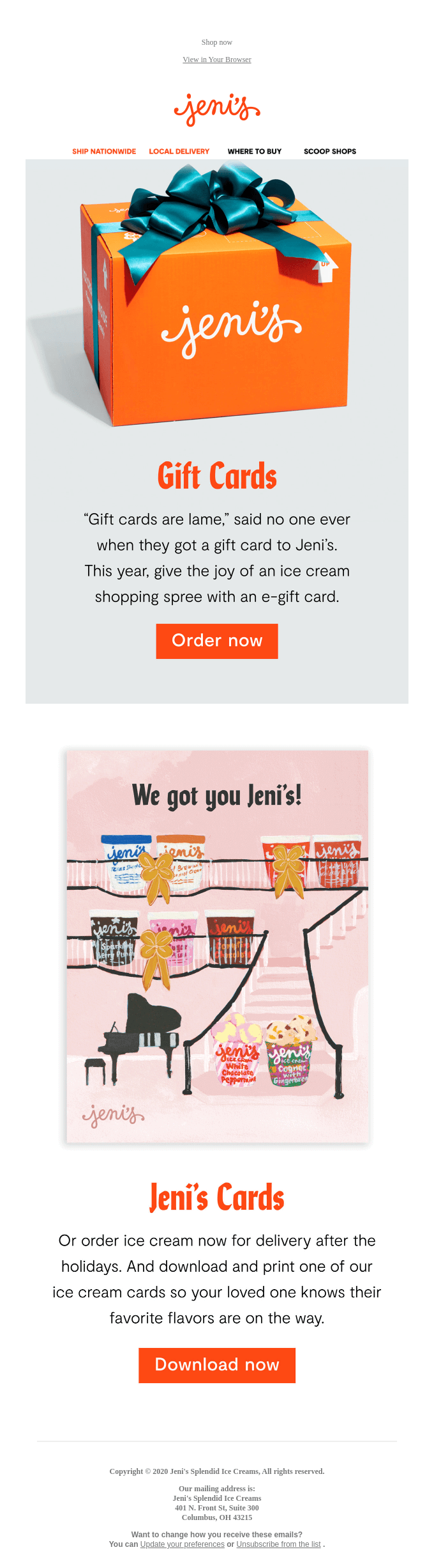 Jeni's Gift Card Example Email