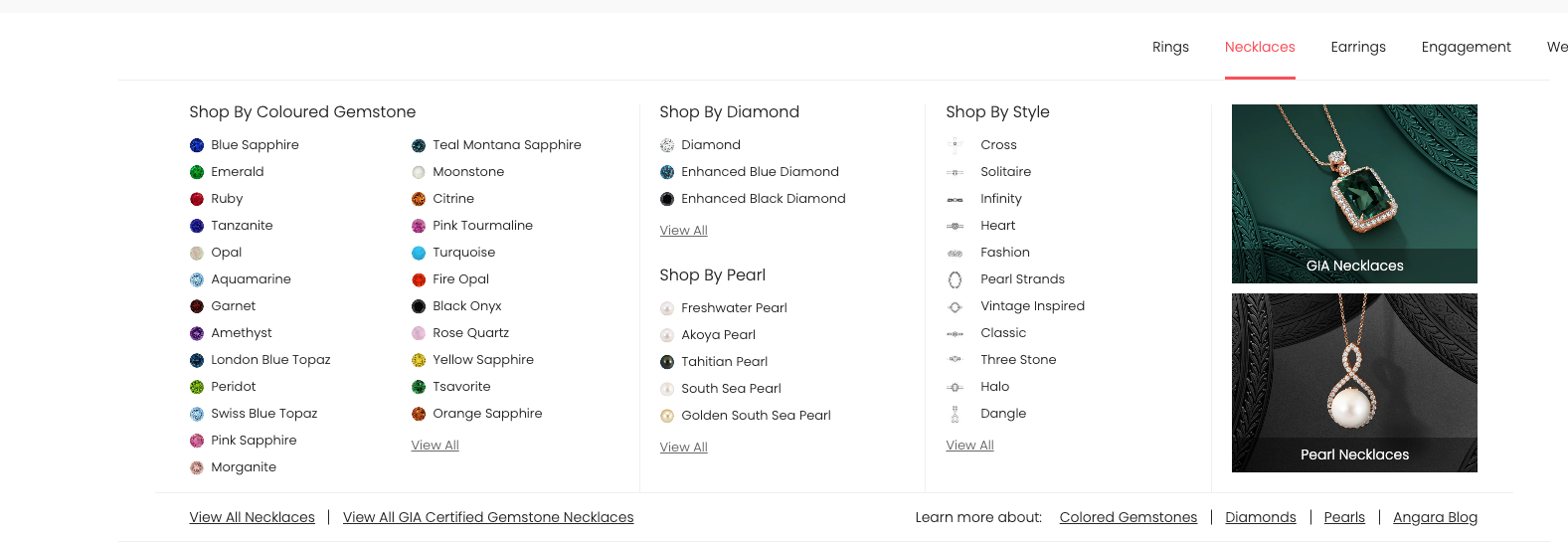 Example of a Mega Menu with images next to each link describing a type of jewelry stone