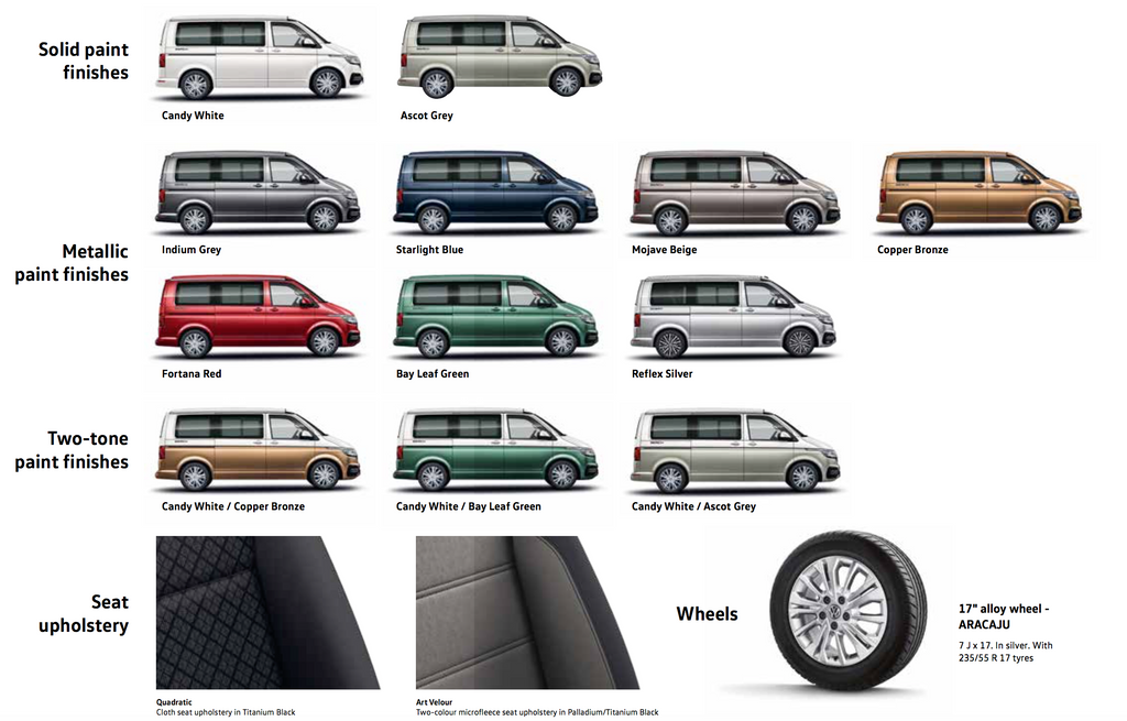 Colour Pallete for Volkswagen T6.1 California Beach - Australia MY20