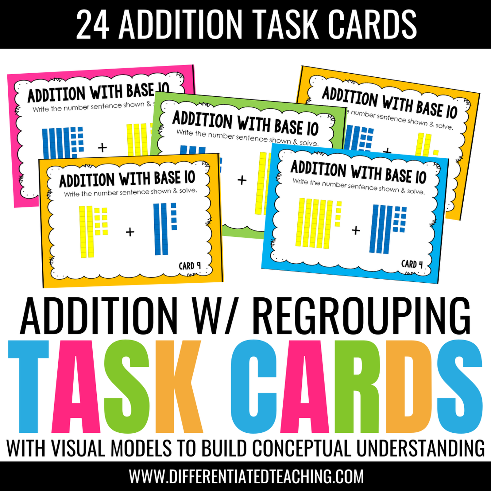 2-Digit Addition with Regrouping Task Cards: Adding with Base 10 Blocks Models