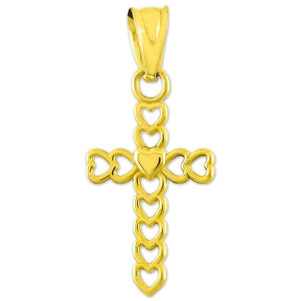 14K Solid Gold Open Hearts Cross Pendant Necklace - Yellow, Rose, or White