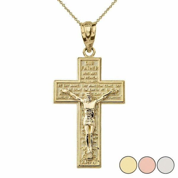 10k Yellow Gold The Lords Our Father Prayer Crucifix Cross Pendant Necklace