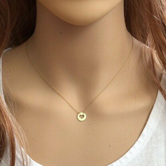 14K Solid Gold Mini Heart Cut Out Dainty Necklace - Minimalist  Adjust 16"-18"