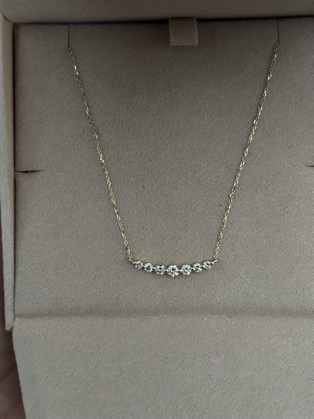 Gold necklace with a row of small diamonds in a velvet jewelry box.
