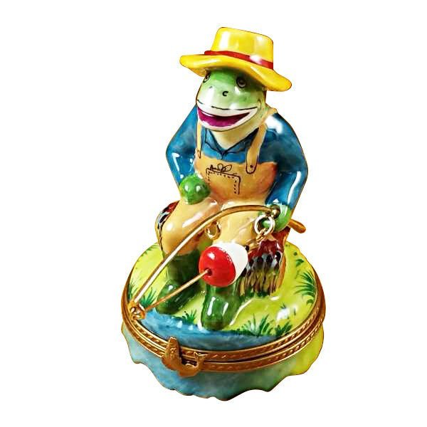 Frog Fishing Limoges Box - Hand-Painted Porcelain Collectible Figurine
