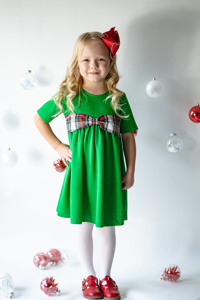 North Pole Plaid - Beatrice Bow Petite Dress in Green Knit – The