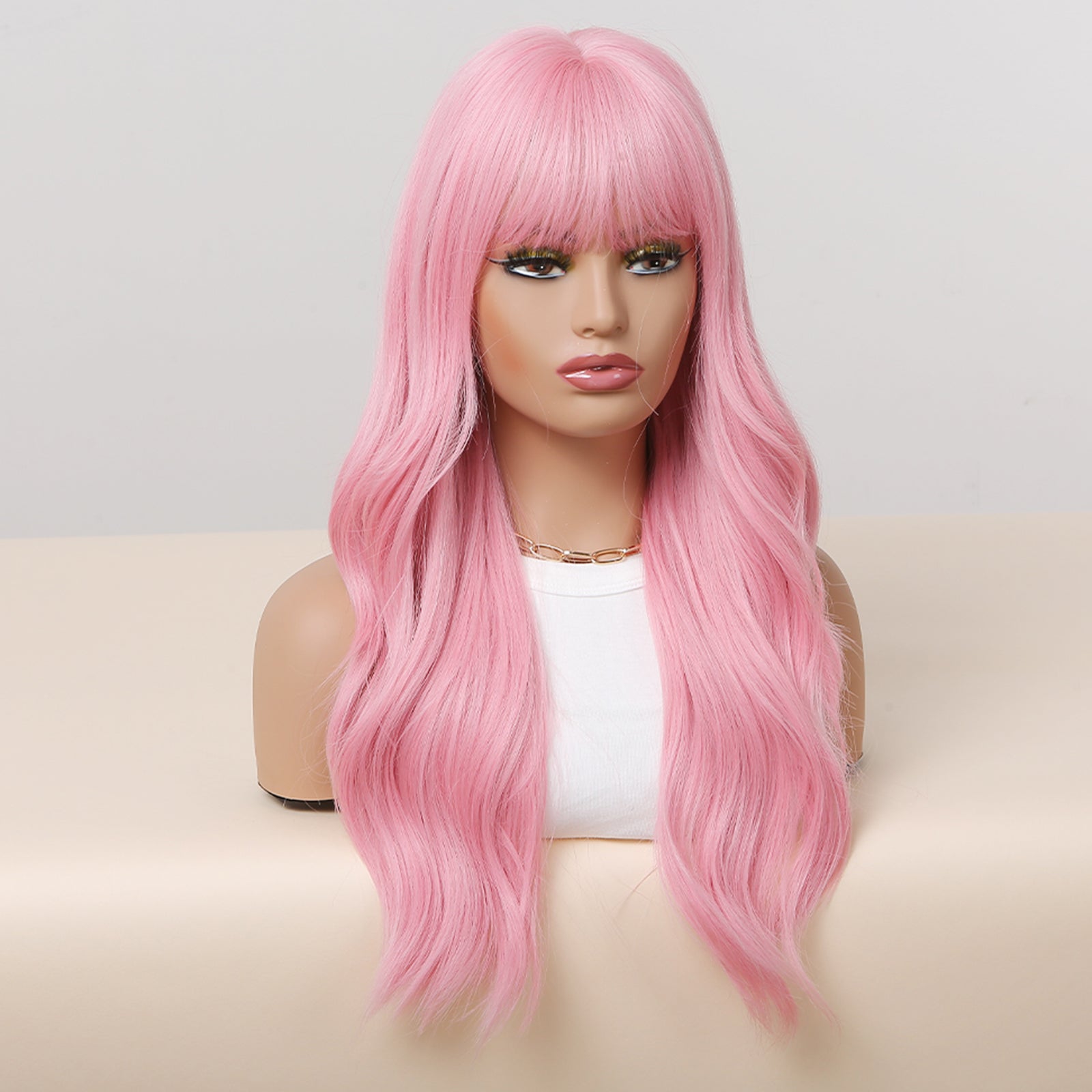 24 Inch Long Pink Wavy Wig With Bangs Synthetic Heat Resistant Wig WL1038-1