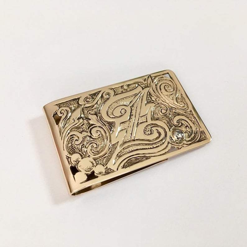 Gold Money Clip, Diamond Accent, Hand-Engraved Monogram - jewishknives