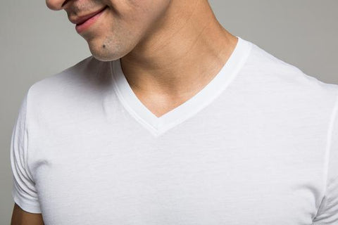 A man wearing a high quality V-neck T-shirt