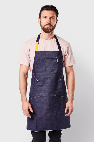 Image of person wearing Mason Selvage Denim apron in indigo.