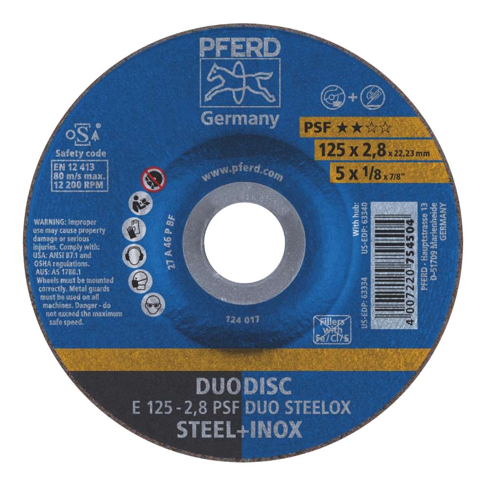 PFERD 62012620 E 125-2.8 A46P 125mm x 2.8mm Steel INOX Duodisc Cut-off & Grind Wheel