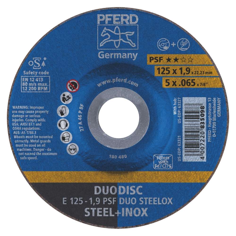 PFERD 62012630 E 125-1.9 A46P 125mm x 1.9mm Steel INOX Duodisc Cut-off & Grind Wheel