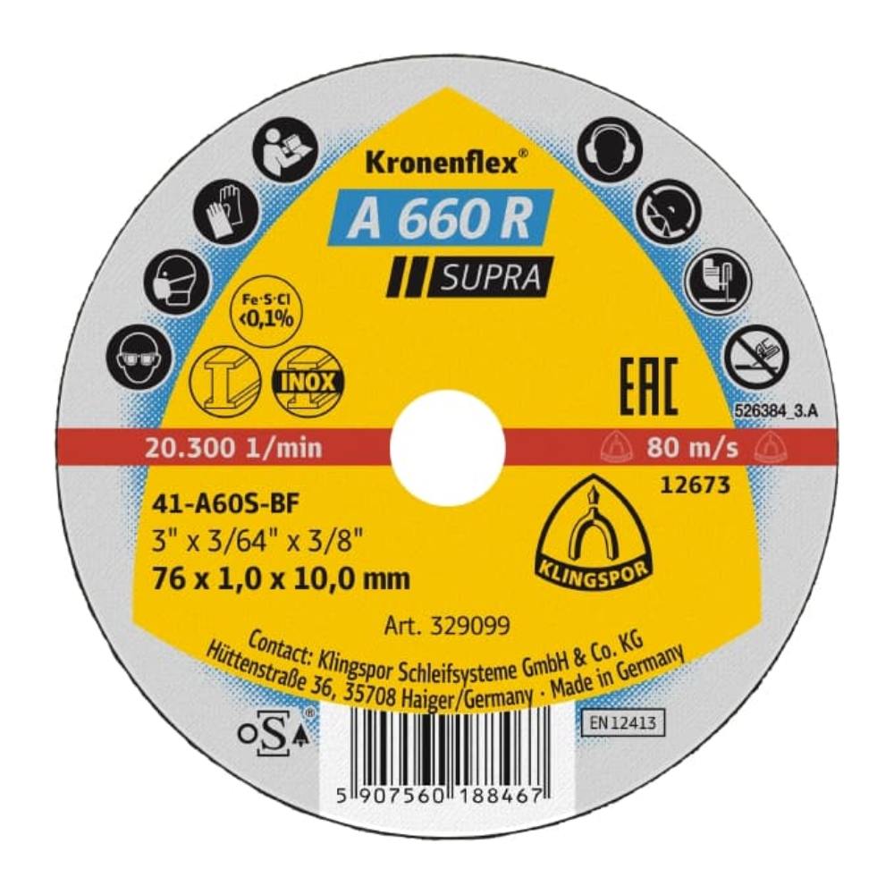 Klingspor 329099 A 660 R Supra 76mm x 1mm x 10mm Kronenflex Cutting-Off Wheel