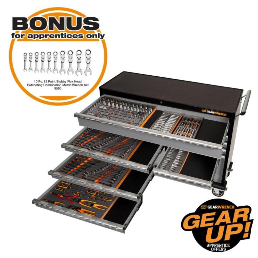 Gearwrench 89928 234 Piece Metric & SAE 10 Drawer 26" Roller Cabinet & Tool Chest Combo Kit with Side Cabinets