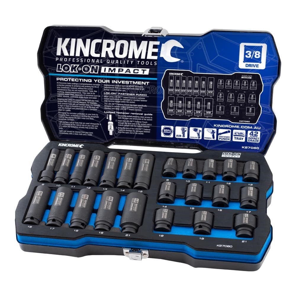 Kincrome K27080 24 Piece 3/8 Square Drive Metric Lok-On Standard & Deep  Impact Socket Set