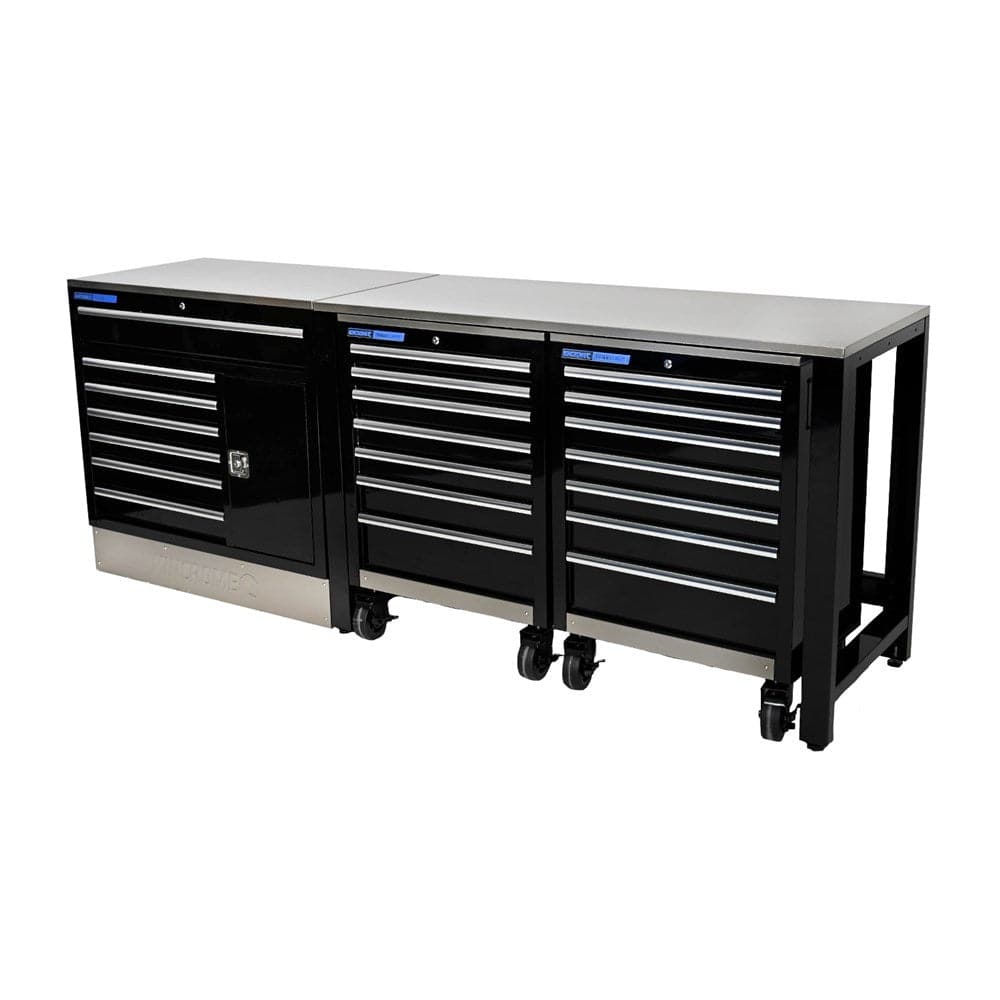 Kincrome K7374 4 Piece 2541mm x 622mm x 1000mm 21 Drawer Black Roller Cabinet Trolley & Workshop Bench Kit