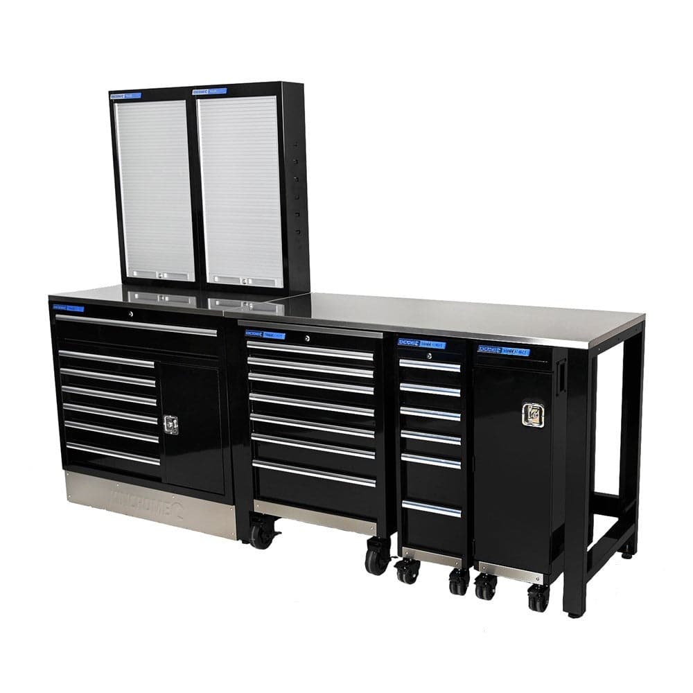 Kincrome K7377 7 Piece 2541mm x 622mm x 1000mm 20 Drawer Black Roller Cabinet Trolley & Workshop Bench Ultimate Pro Kit