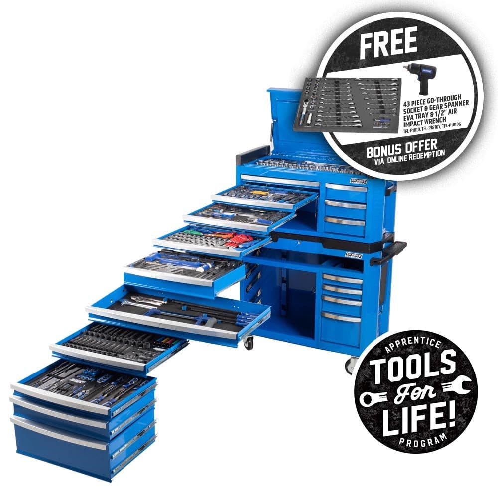 Kincrome P1810 551 Piece Metric & SAE 17 Drawer Blue CONTOUR® Workshop Tool Chest & Roller Cabinet Tool Kit