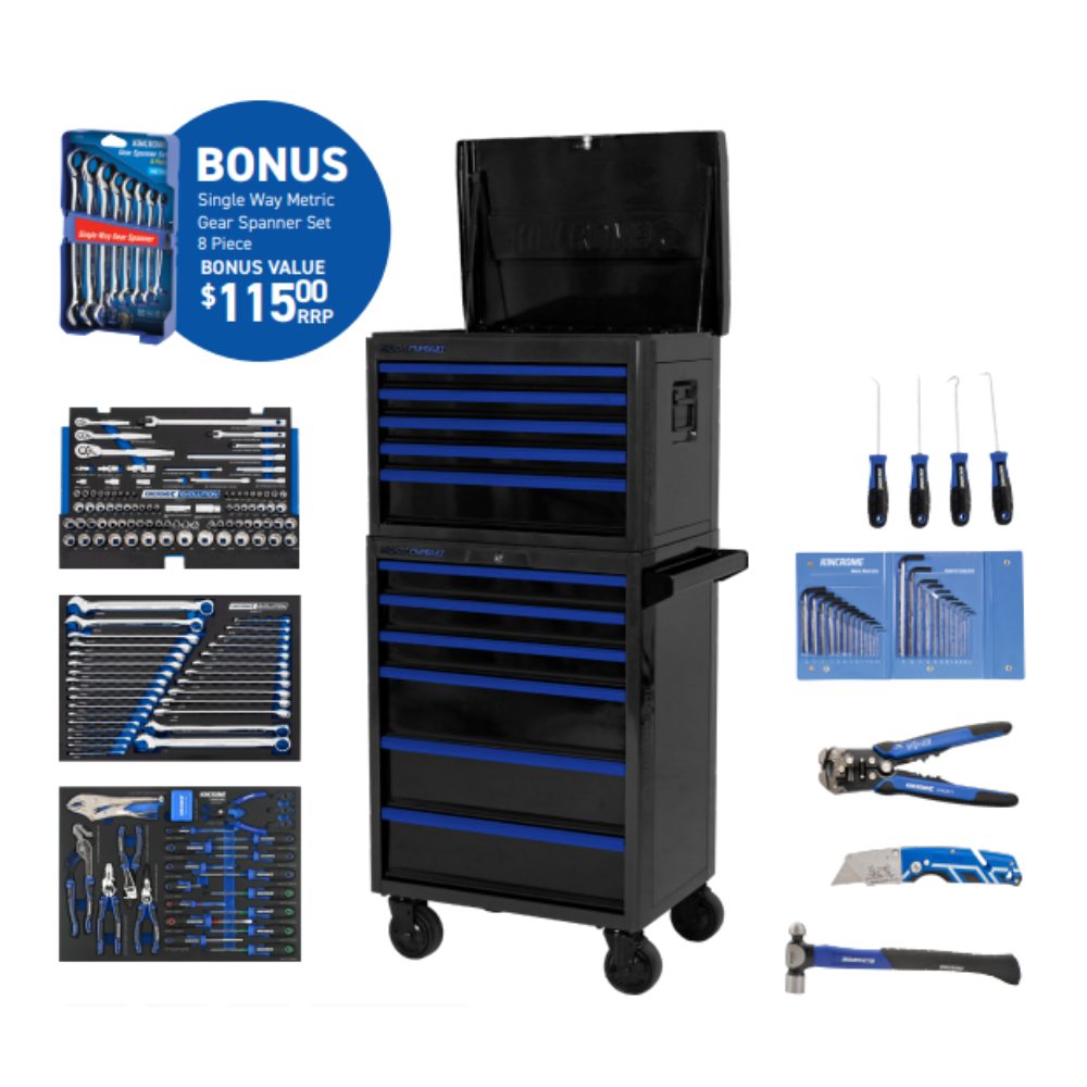 Kincrome P1931B 209 Piece Metric & SAE 675mm (26”) 11 Drawer LIMITED EDITION PURSUIT Deep Workshop Tool Kit with Bonus Gear Spanner Set